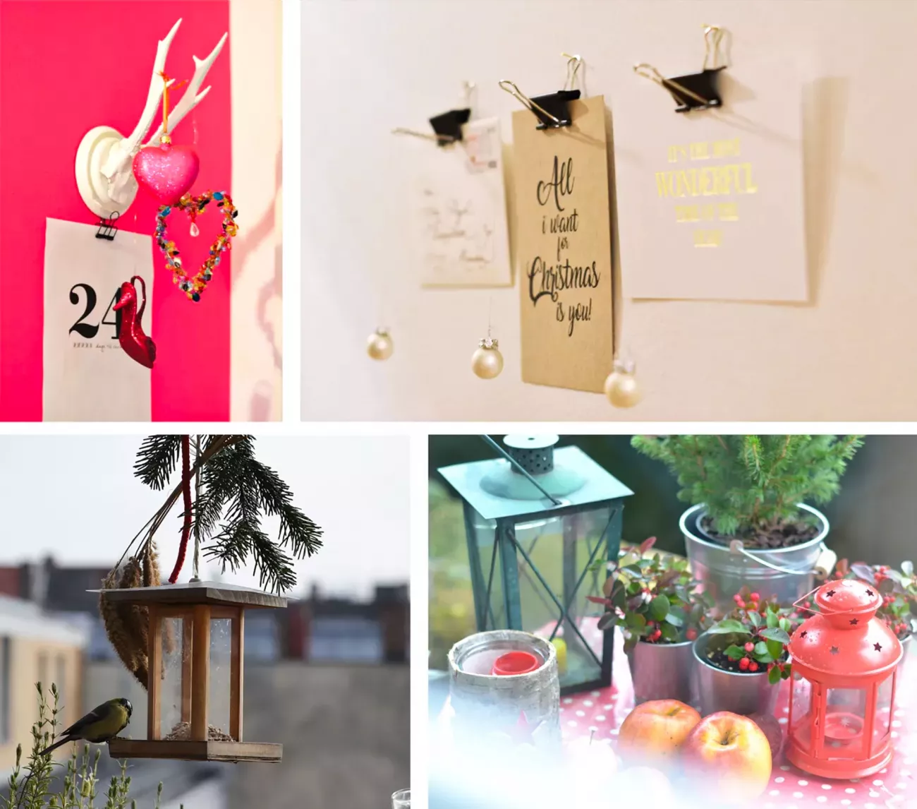 Vier Bilder mit Weihnachtsdeko