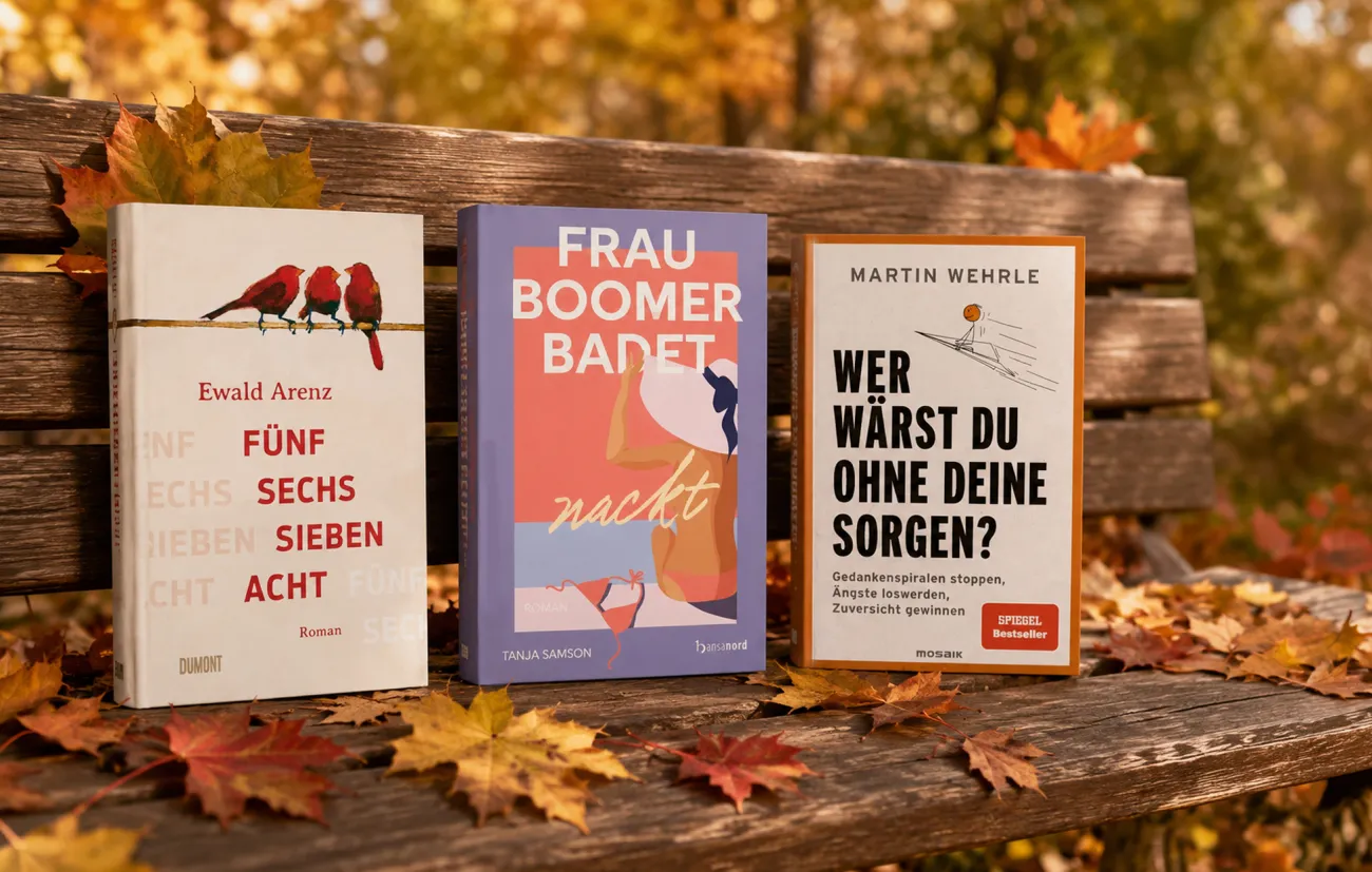 3 Bücher auf Herbstbank